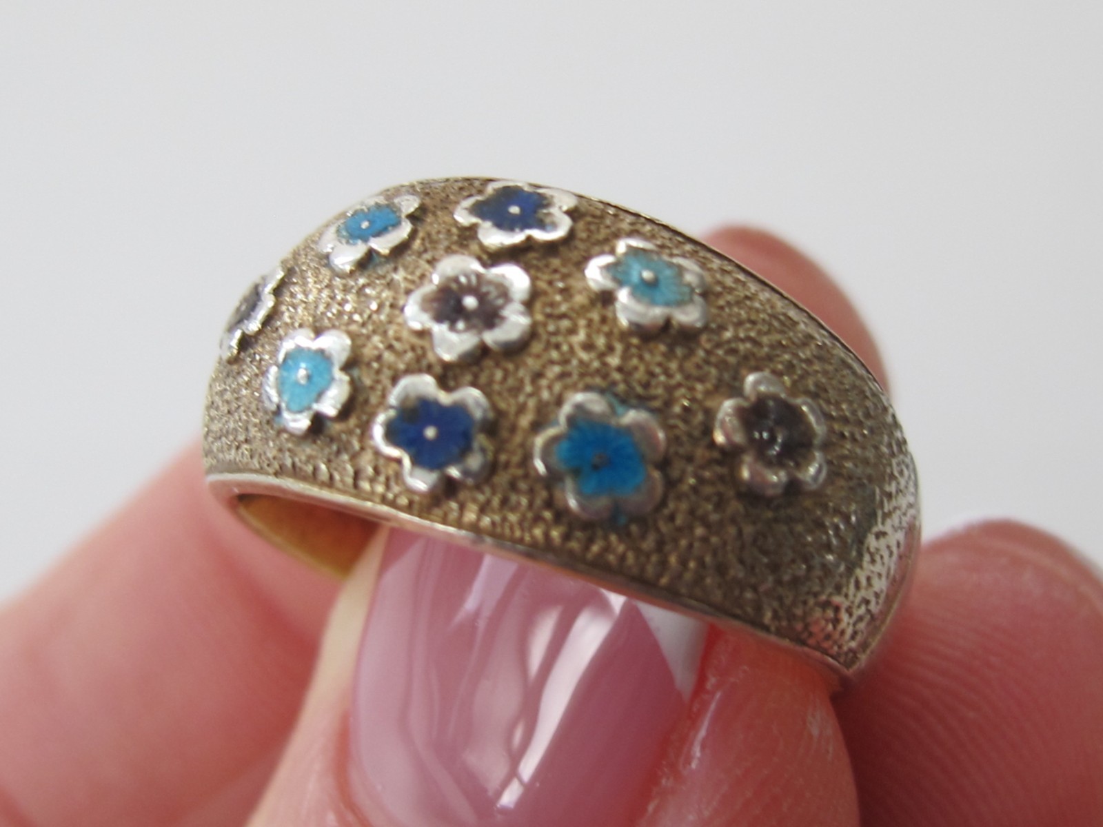 C5 Vintage Chinese Export Silver Enamel Flower Ring Size 7