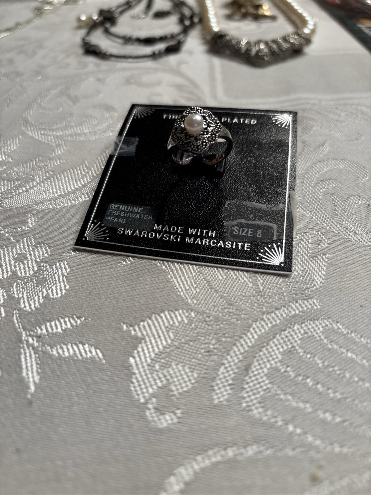Statement sterling silver ring, marcasite, freshwater pearl, white, size 8 NWT