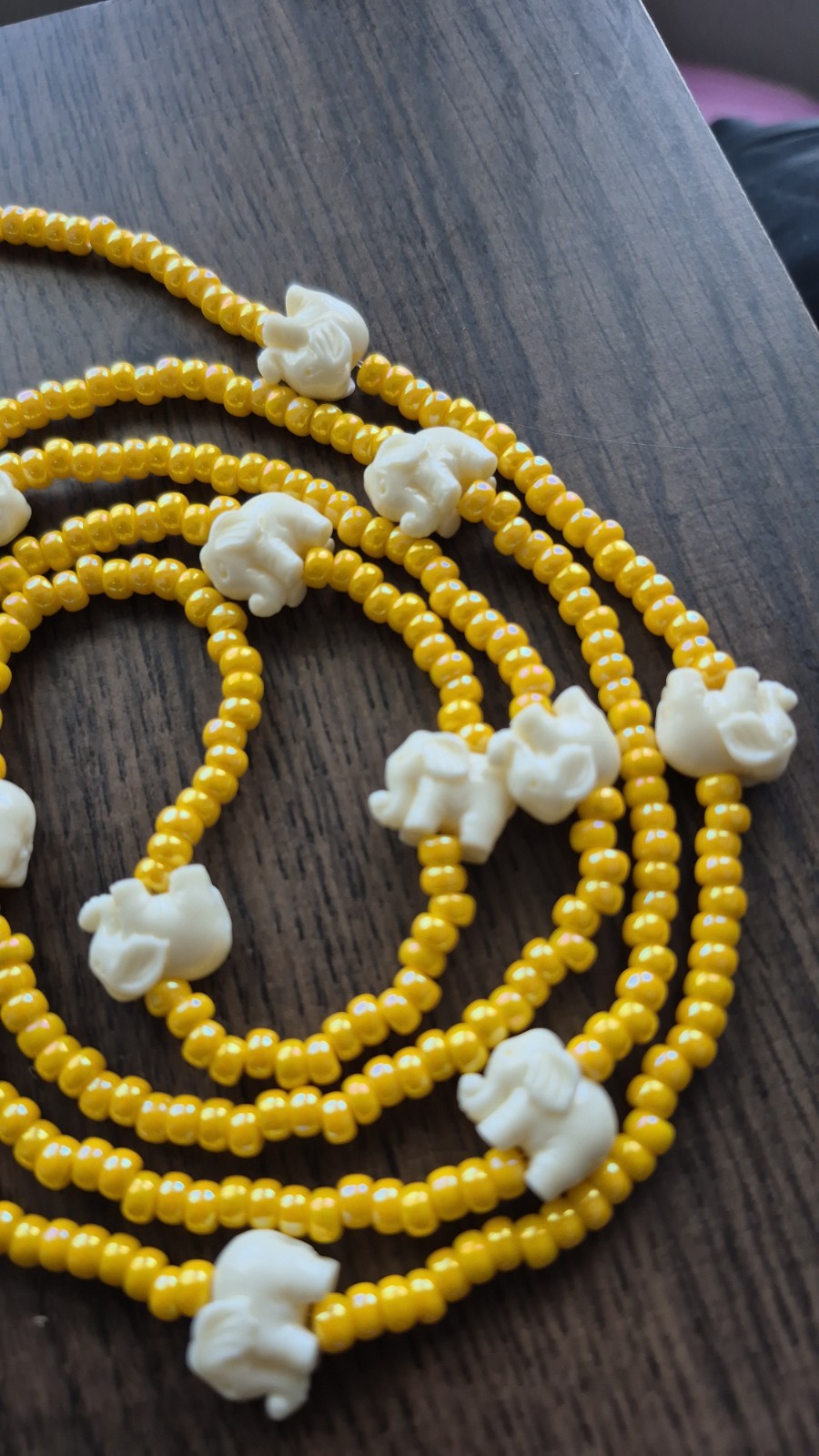 Handcrafted Yellow With Ivory Elephants Tie on Waistbead