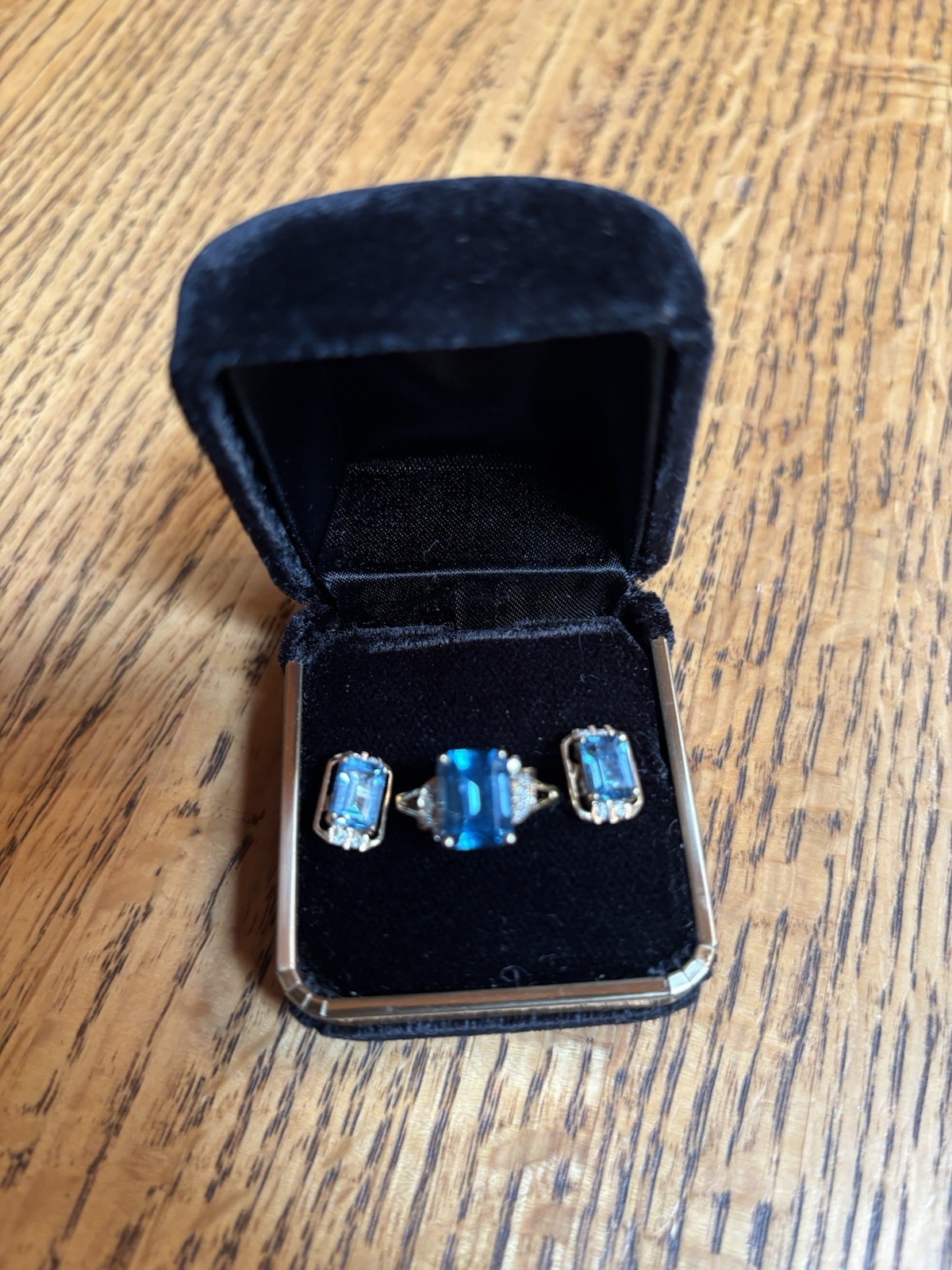 14k Yellow Gold- Blue Topaz And Diamond Ring And Earring Set