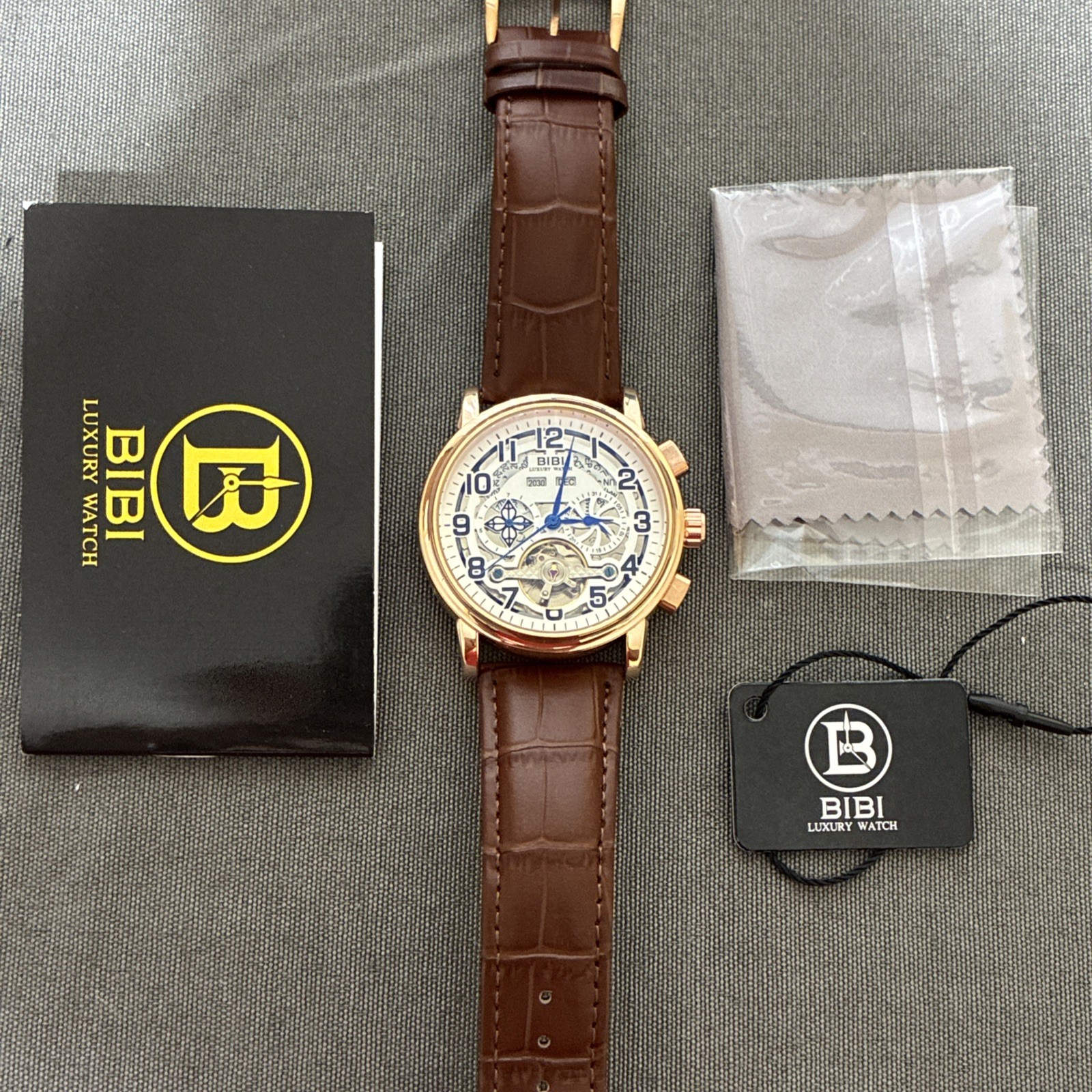BIBI Automatic Chrono Skeleton Dial Rose Gold-Tone Case Brown Leather Strap Box