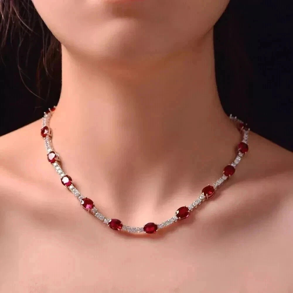 20TCW Oval Cut Lab Created Ruby & Diamond Tennis Necklace 14K White Gold Plated