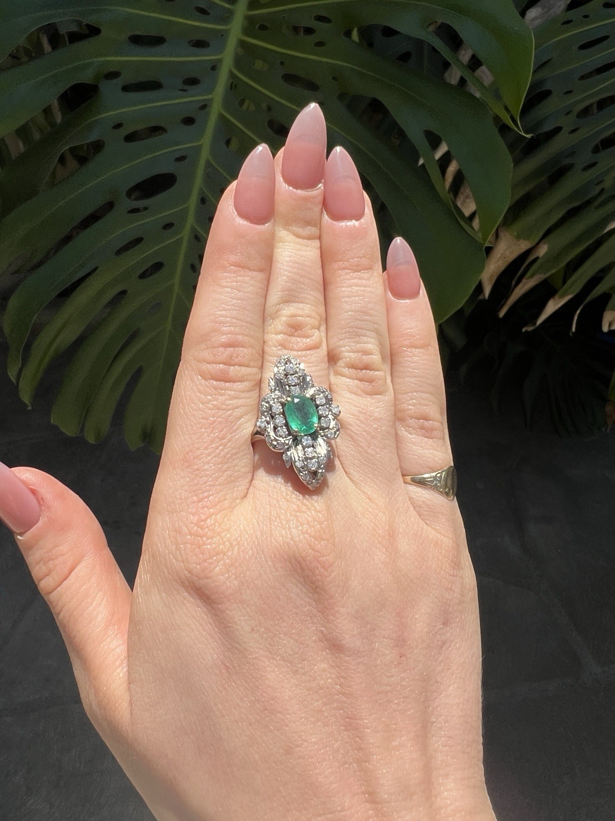 STUNNING 1ct EMERALD ring 14k white gold MANY diamonds MAY birthday ART DECO