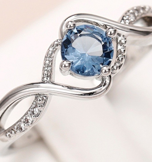 Silver-Plated Copper Blue Round CZ White/Colorless Inlay Ring Size 7