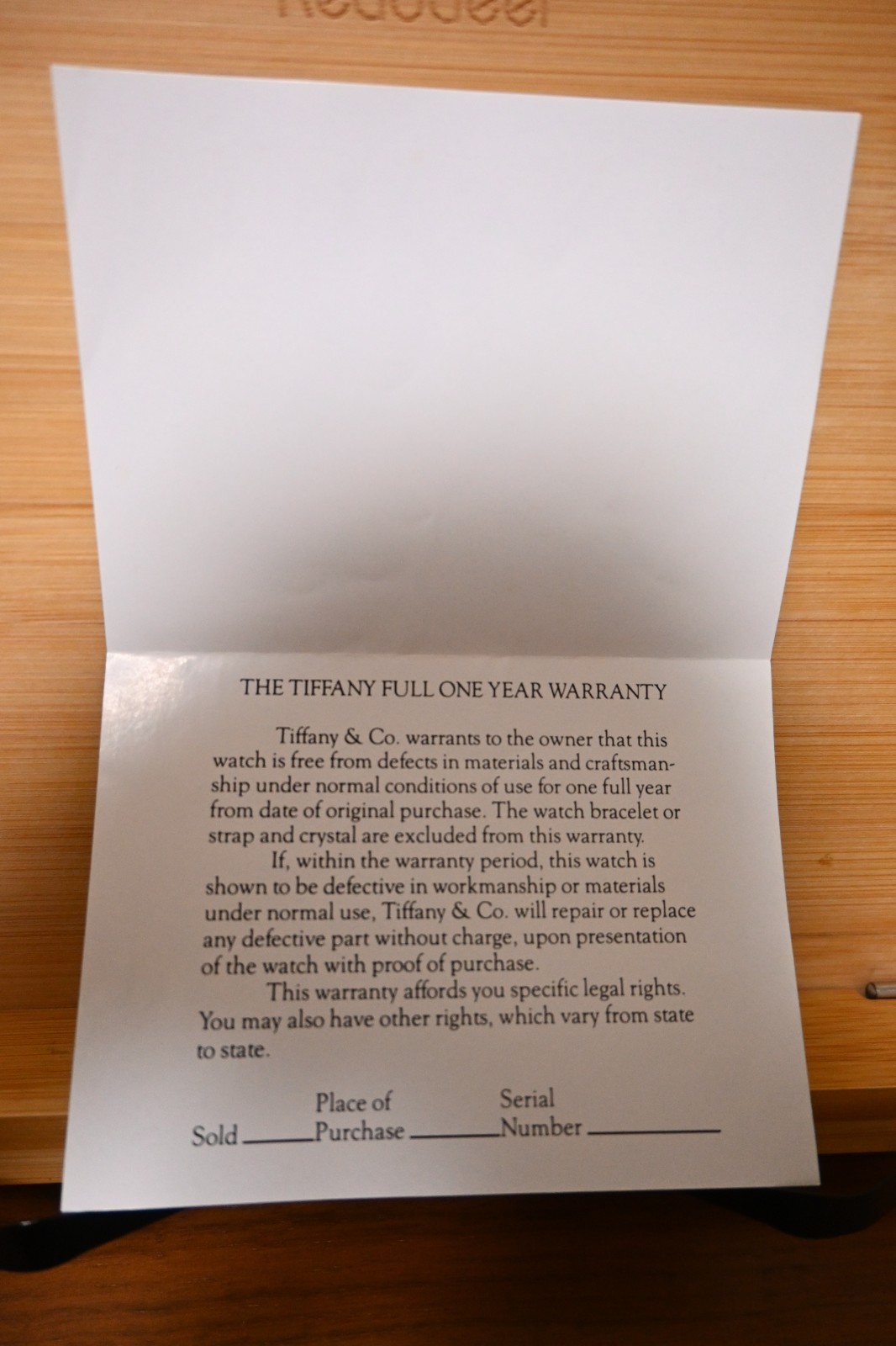 TIFFANY & Co. WARRANTY paper open blank
