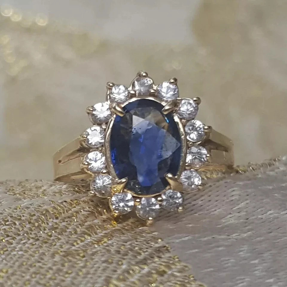 2.50Ct Oval Natural Sapphire Diamond Wedding Ring 14K Real Yellow Gold 5 6 7 8