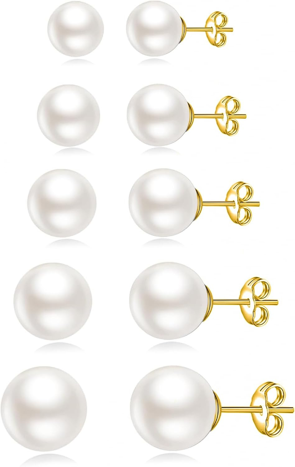 JINERA 5 Pairs Stud Earrings for Women 14K Plated Gold/Silver Pearl Ball Small S