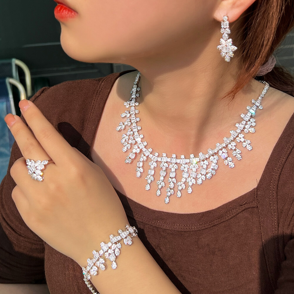 Silver Plated Long Leaf Drop Necklace Earring Bracelet Ring CZ Bride Jewelry Set