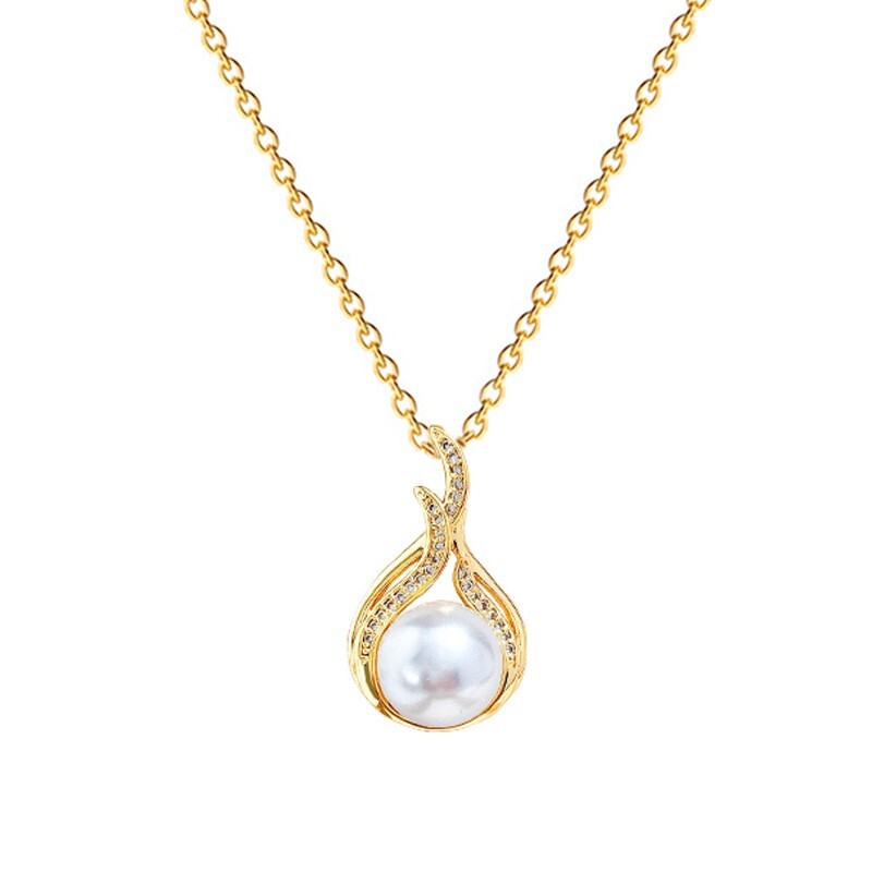 Gold Fishtail White Pearl Rhinestone Necklace Stainless Steel Big Faux Pearl New
