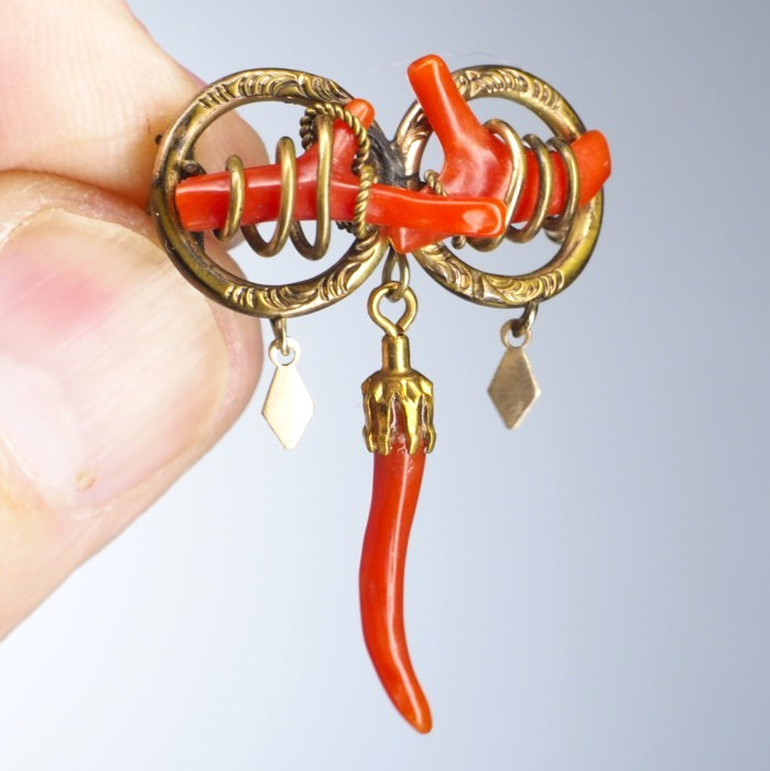 Antique double love knot brooch coral branch pin with dangles C-clasp jewelry