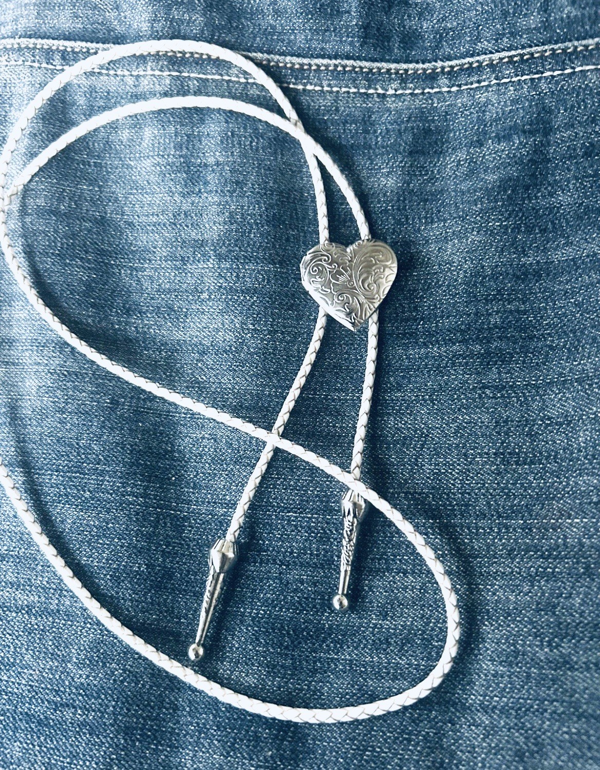 Vintage Style Heart Locket Bolo Tie White Leather Cord FREE SHIPPING