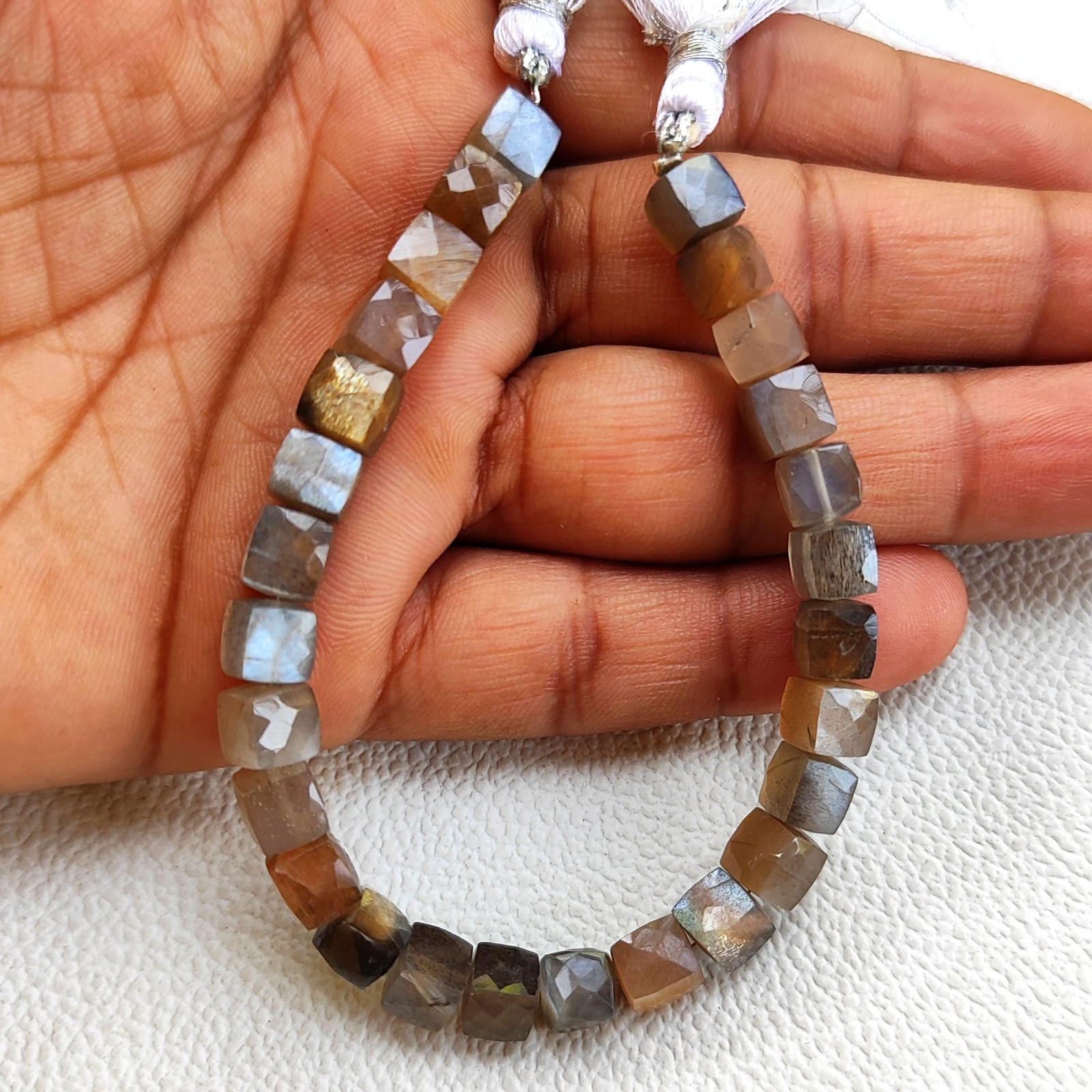 6.5mm Golden Shine Moonstone Faceted Cube Gemstone Beads 7″ Strand From India