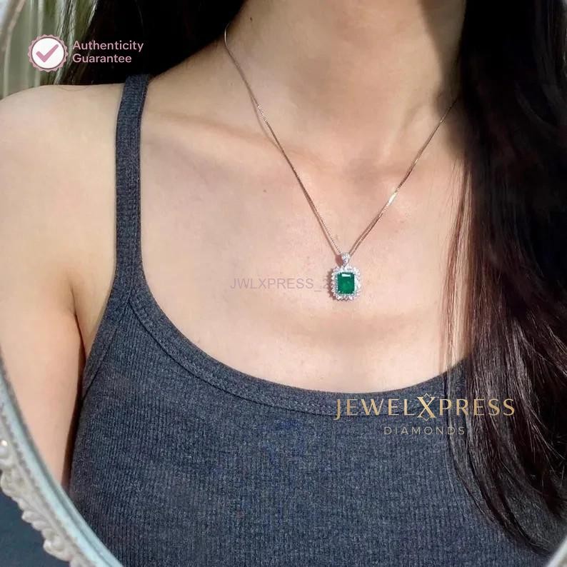 Handmade! 2.00CT Emerald Cut Natural Emerald & Diamond Halo Pendant 14k Gold