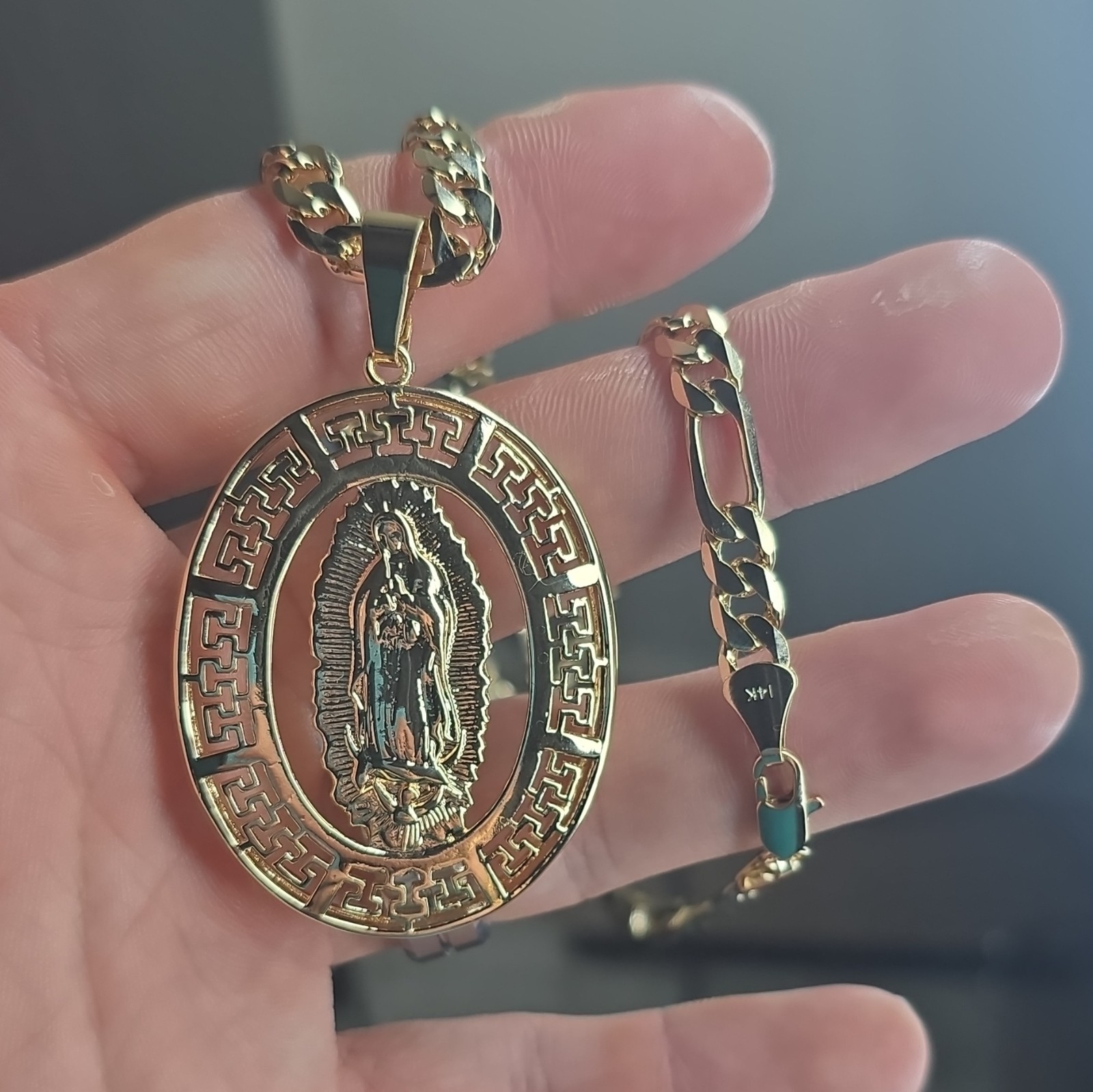 Virgin Mary Pendant And 14k Stamped Figaro 22/24in Chain