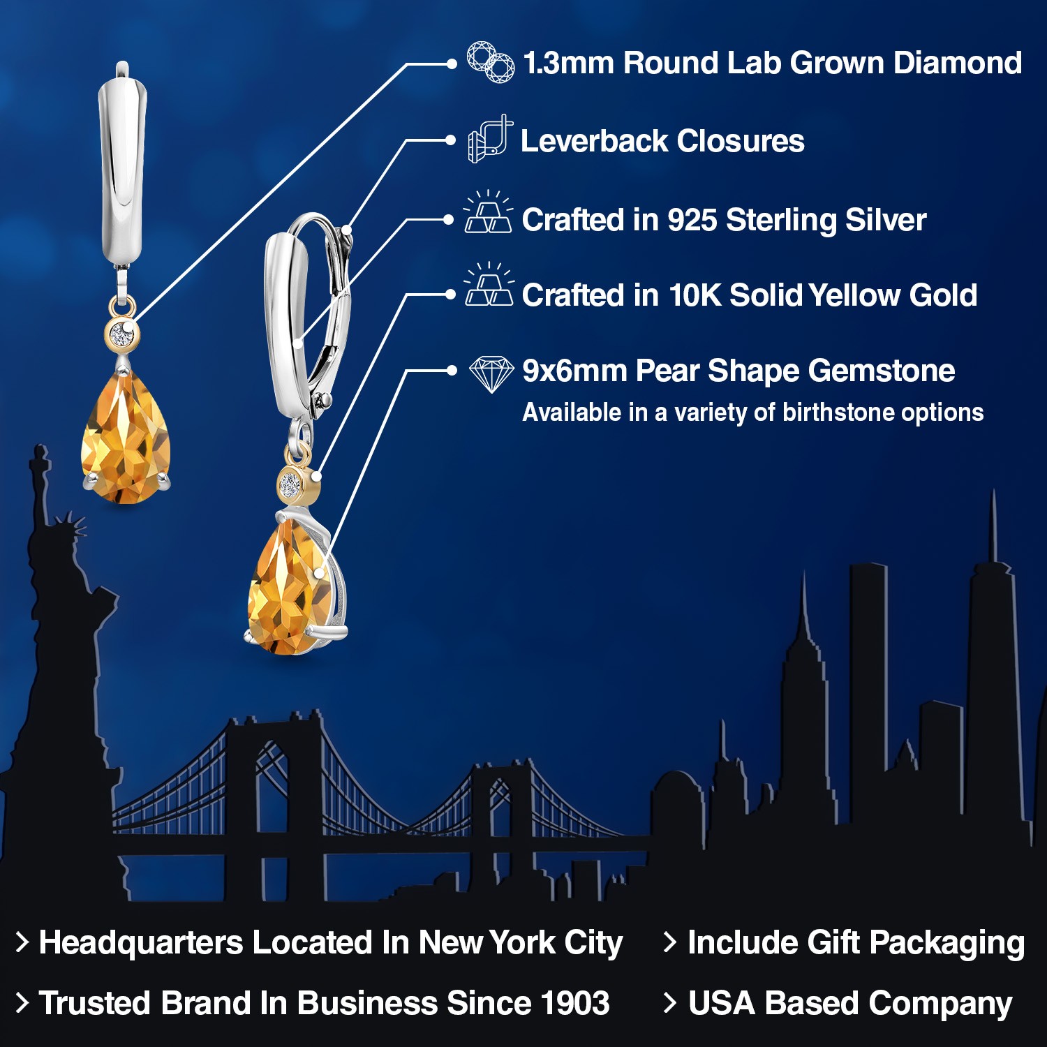 925 Silver and 10K Yellow Gold Citrine and Lab Grown Diamond Dangle Earrings