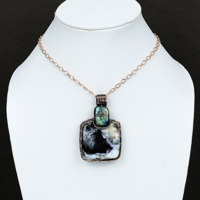 Handmade Dendrite Opal Wire Wrapped Copper Pendant Gift for Her