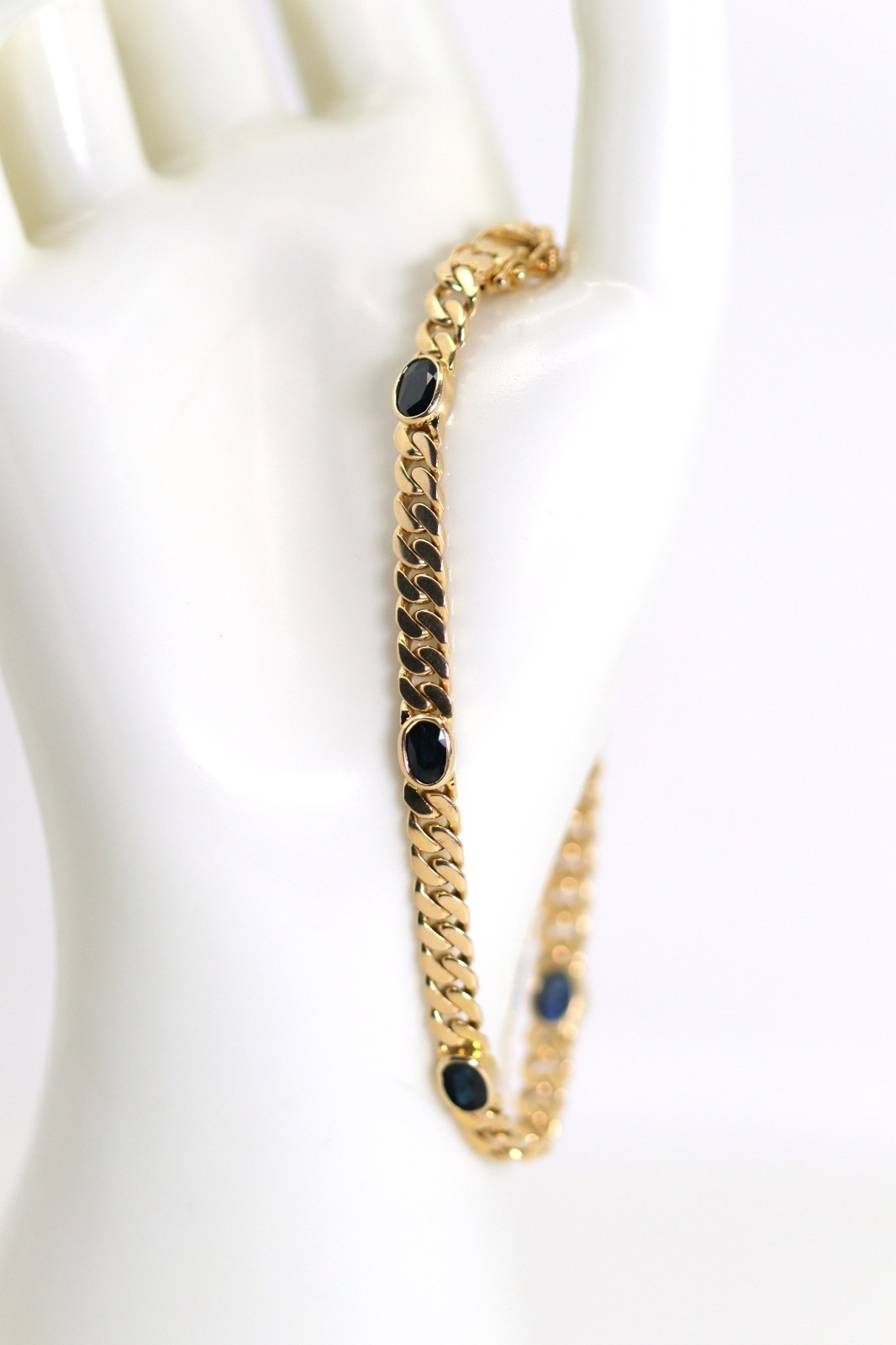 Yellow Gold Curb Sapphire Oval Gemstone Bracelet 585 – 14kt WG Hallmarked L: 21cm