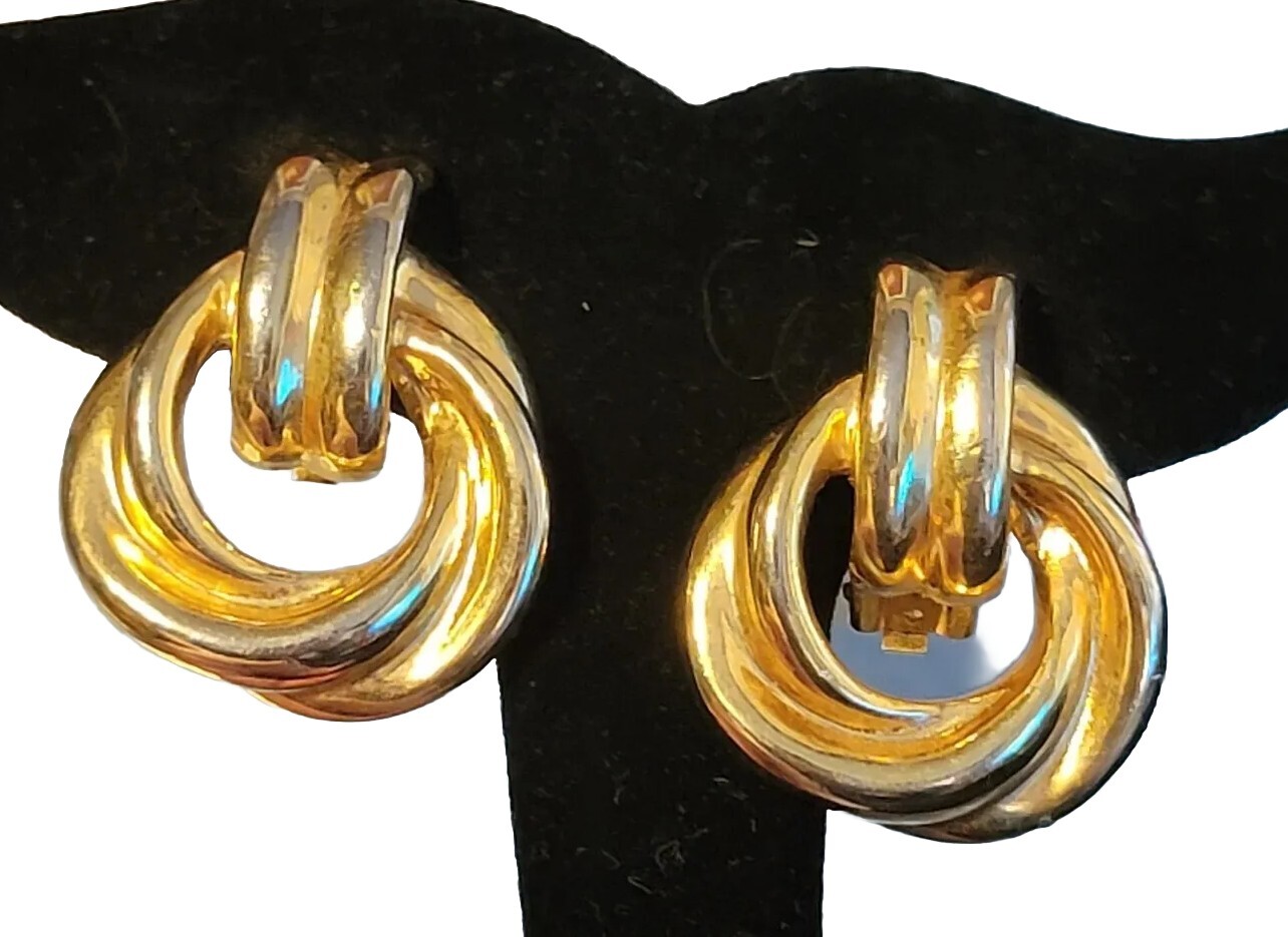 Vintage 1980s Gold-tone Clip-on Dangle Earrings 1.5″ Doorknockers Chunky gc20