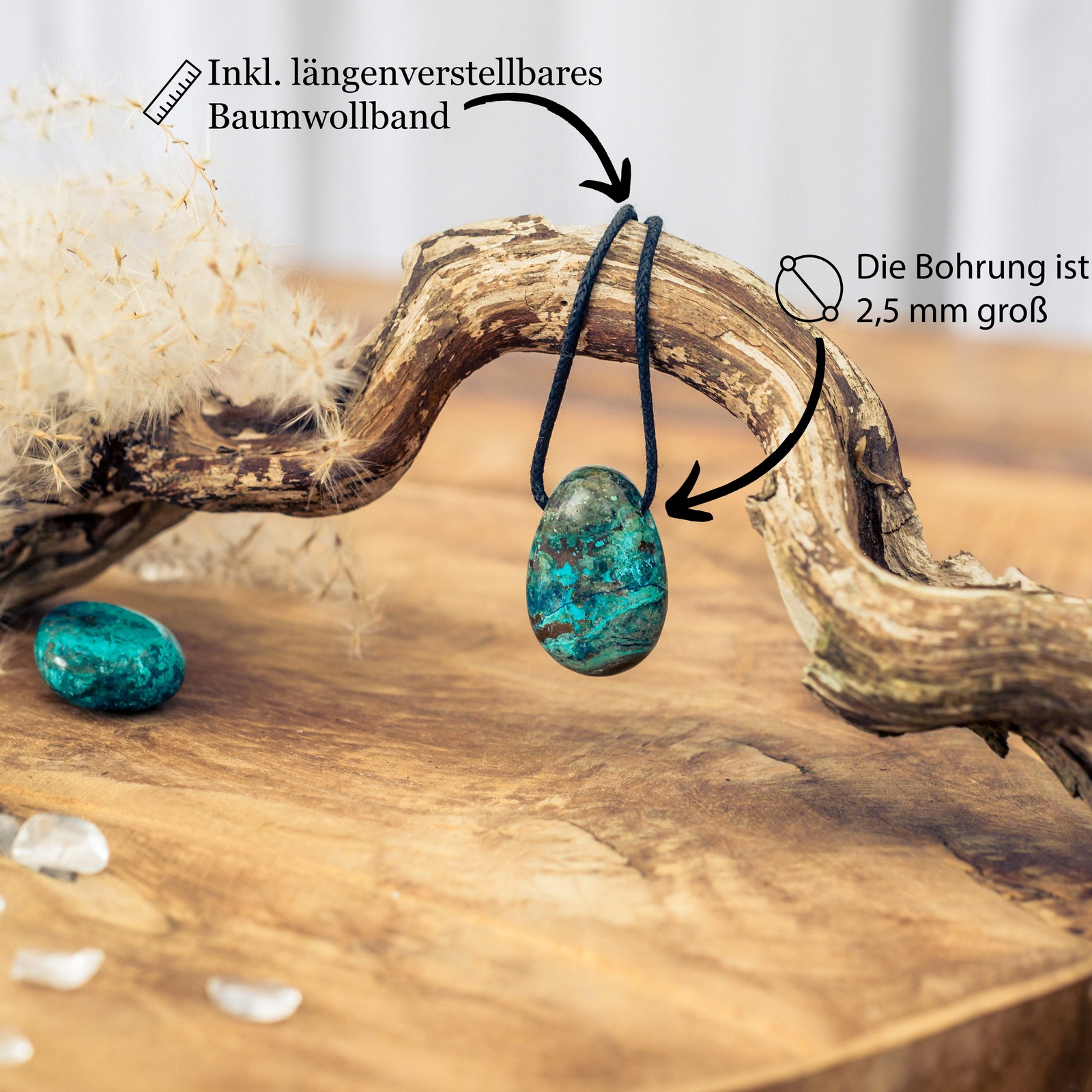 Chrysokoll Tropfenanhänger mit Baumwollband gebohrt | Edelstein Schmuck