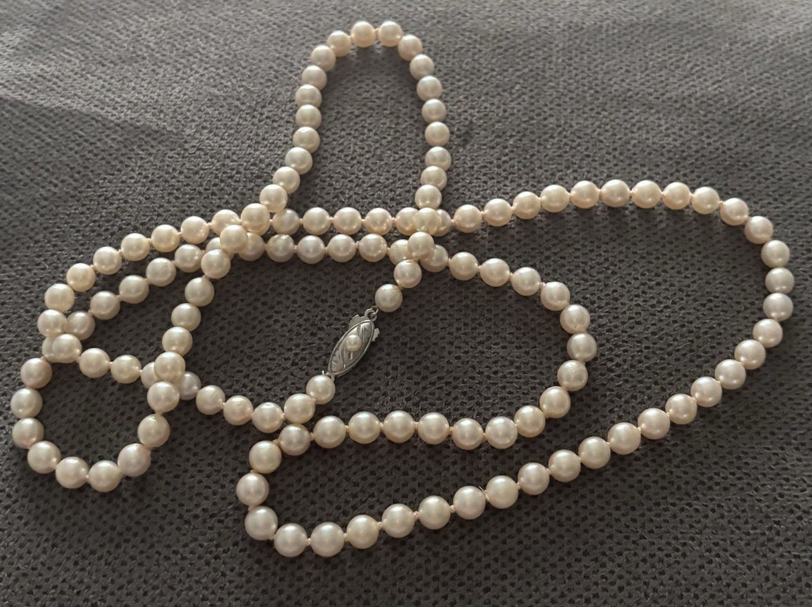 Vintage Akoya Pearl Necklace Silver Clasp 6mm 35” Opera Length Creamy Hue