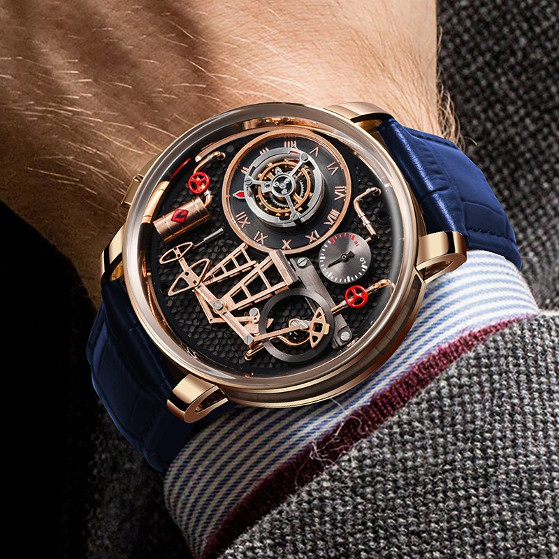PINDU Men’s Luxury Dress Watch 45.5mm Steel Sapphire Crystal Luminous Waterproof