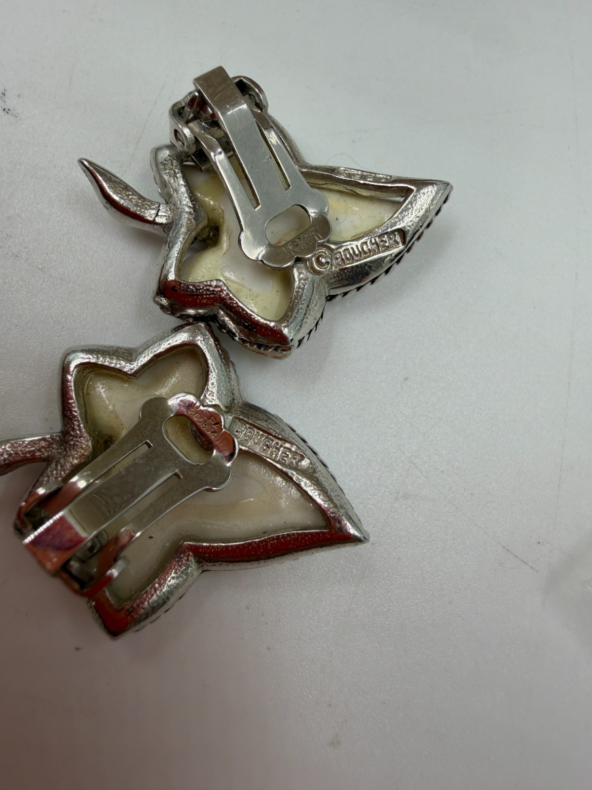 Vintage Boucher Necklace Bracelet Earrings Set White Leaf Silvertone Lot LX