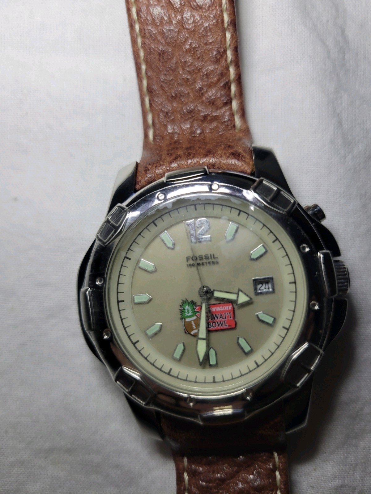 Vintage SHERATON HAWAII BOWL FOSSIL WATCH PR-5066 BROWN LEATHER BAND