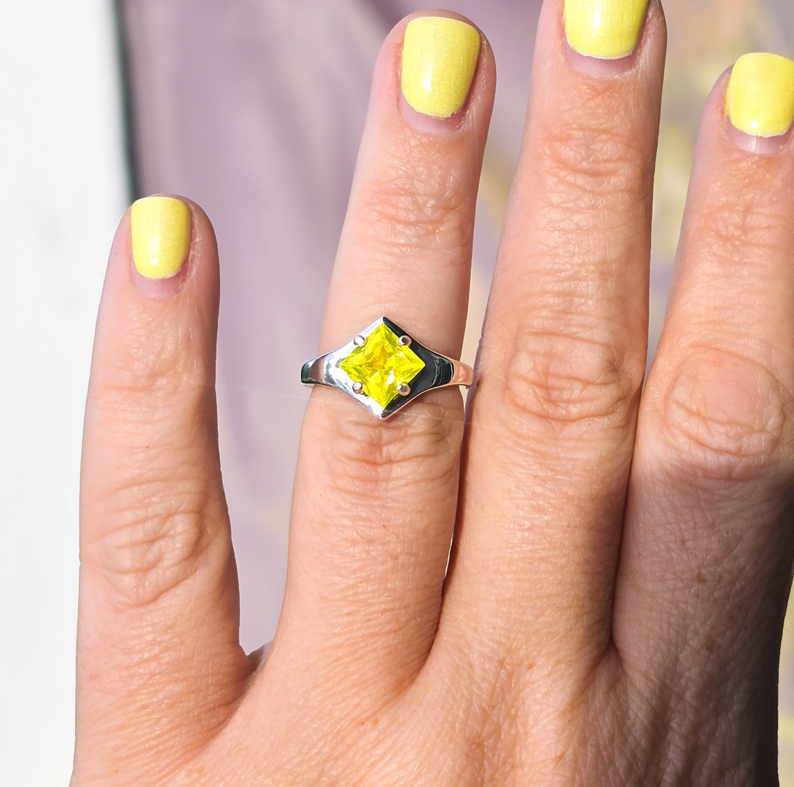 Sterling YAG Ring UV Yellow Yttrium Aluminum Garnet Square Princess Cut Shield