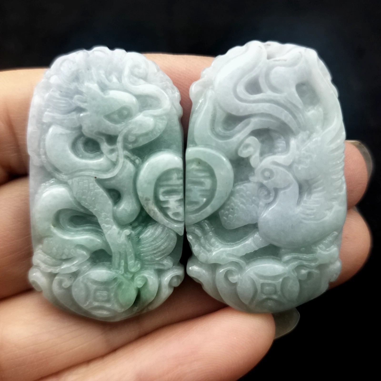 1Pair/2PCS Certified Green Natural Type A Jade Jadeite Dragon Phoenix Pendant