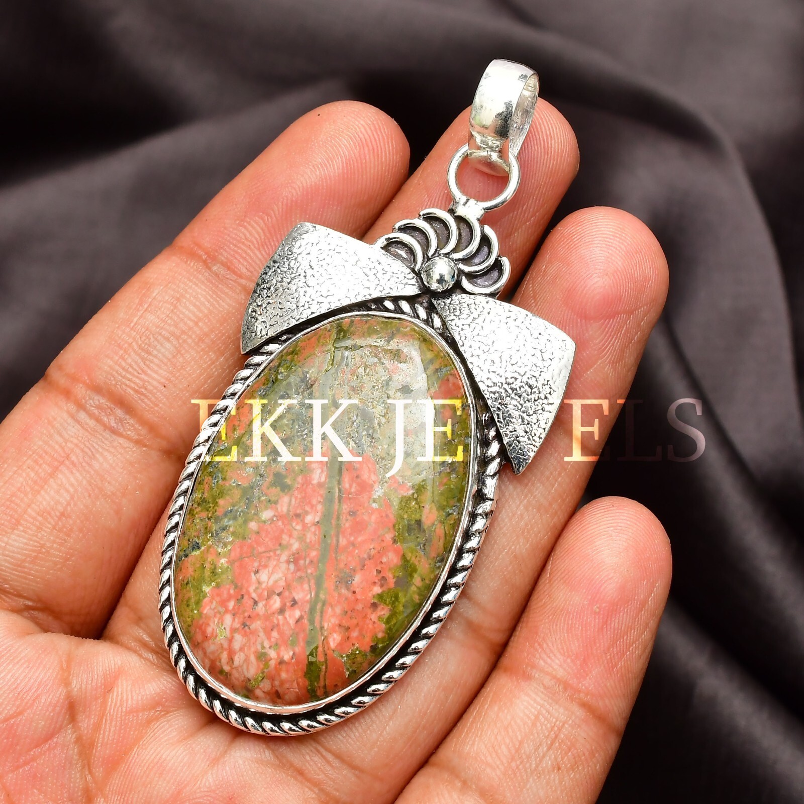 Unakite Jasper Gemstone Handmade 925 Sterling Silver Jewelry Pendant 2.10″