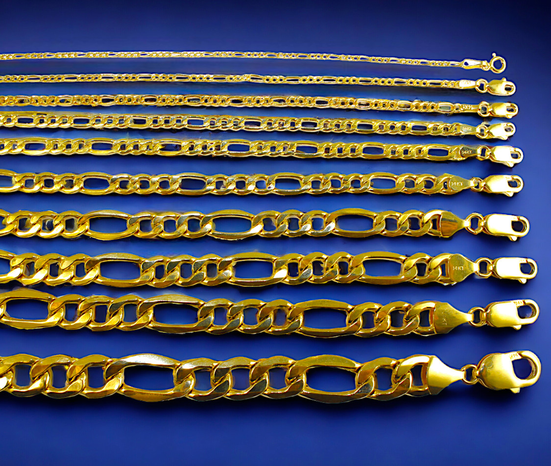 14K Yellow Gold Figaro Necklace Chain Italian Link Real Gold 1.5mm-12mm 16″-30″