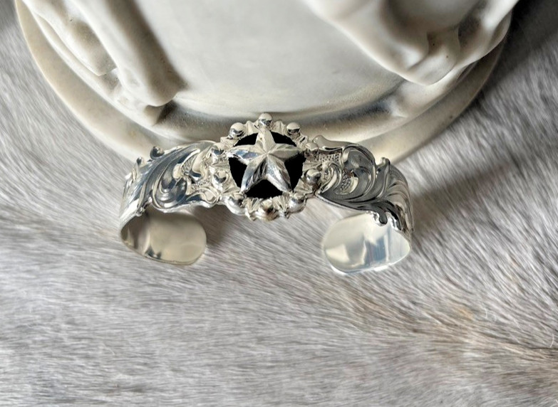 Western Womens Bracelet 7 x 1 in Star Silver Cuff Cowboy Open Cut Adjustable
