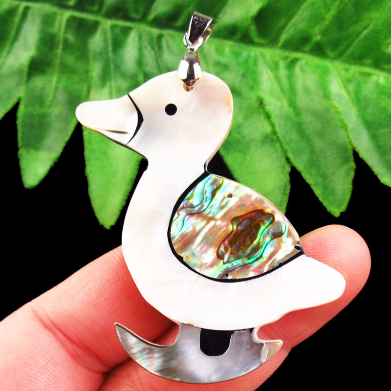 55x40x4mm Carved Rainbow Abalone Shell Duck Pendant Bead Q07484