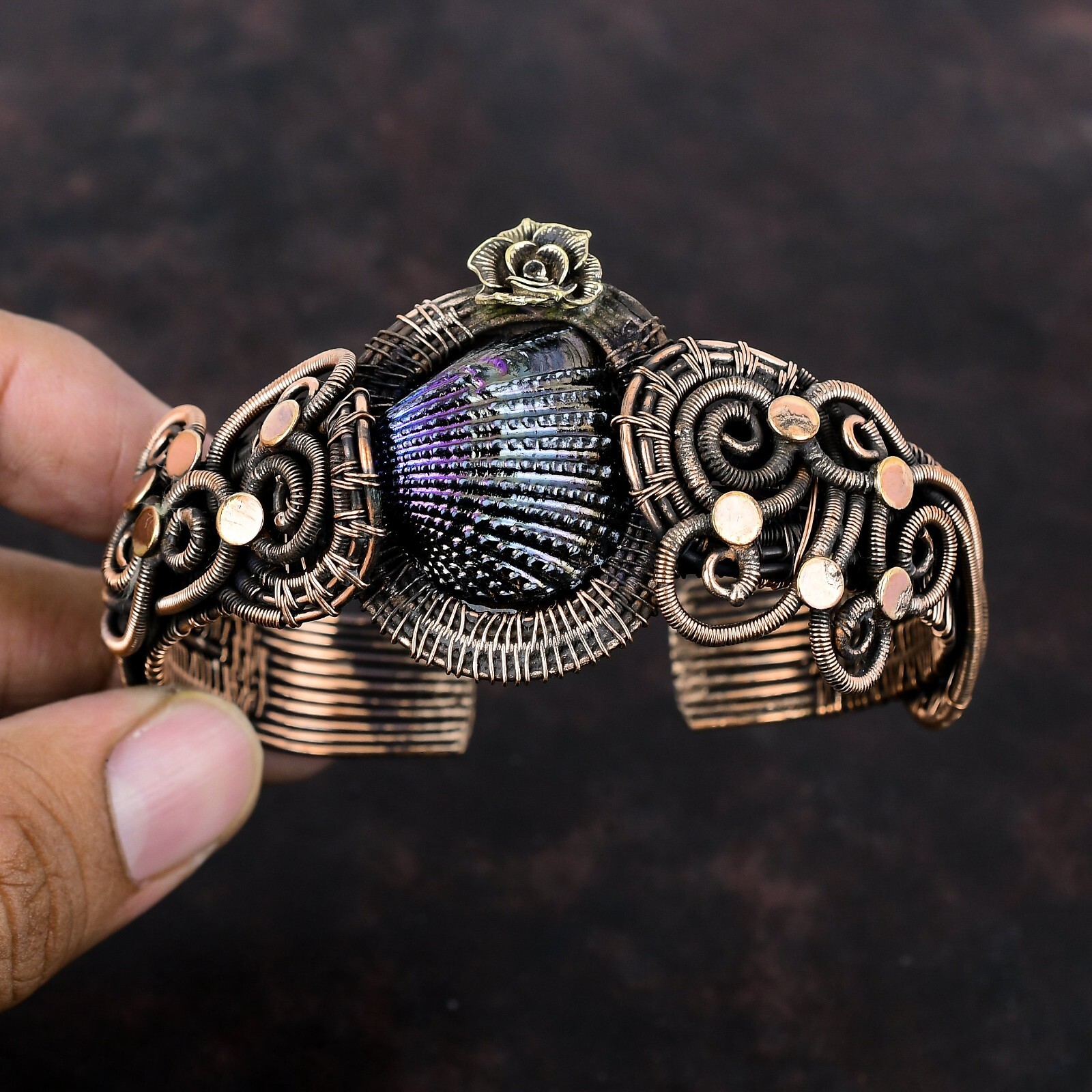 Gift For Women Wire Wrapped Flower Adjustable Cuff Copper Titanium Coated Shell