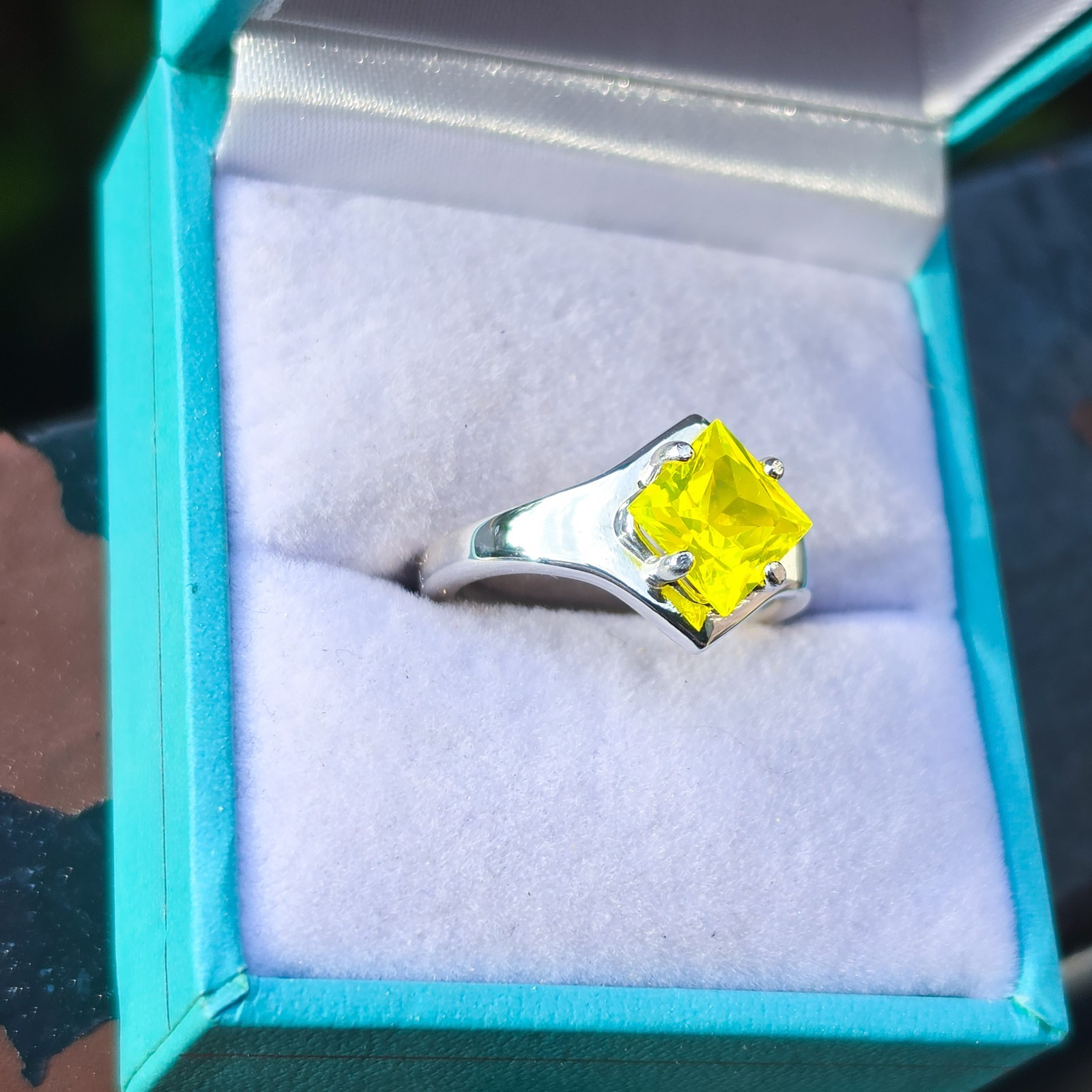 Sterling YAG Ring UV Yellow Yttrium Aluminum Garnet Square Princess Cut Shield