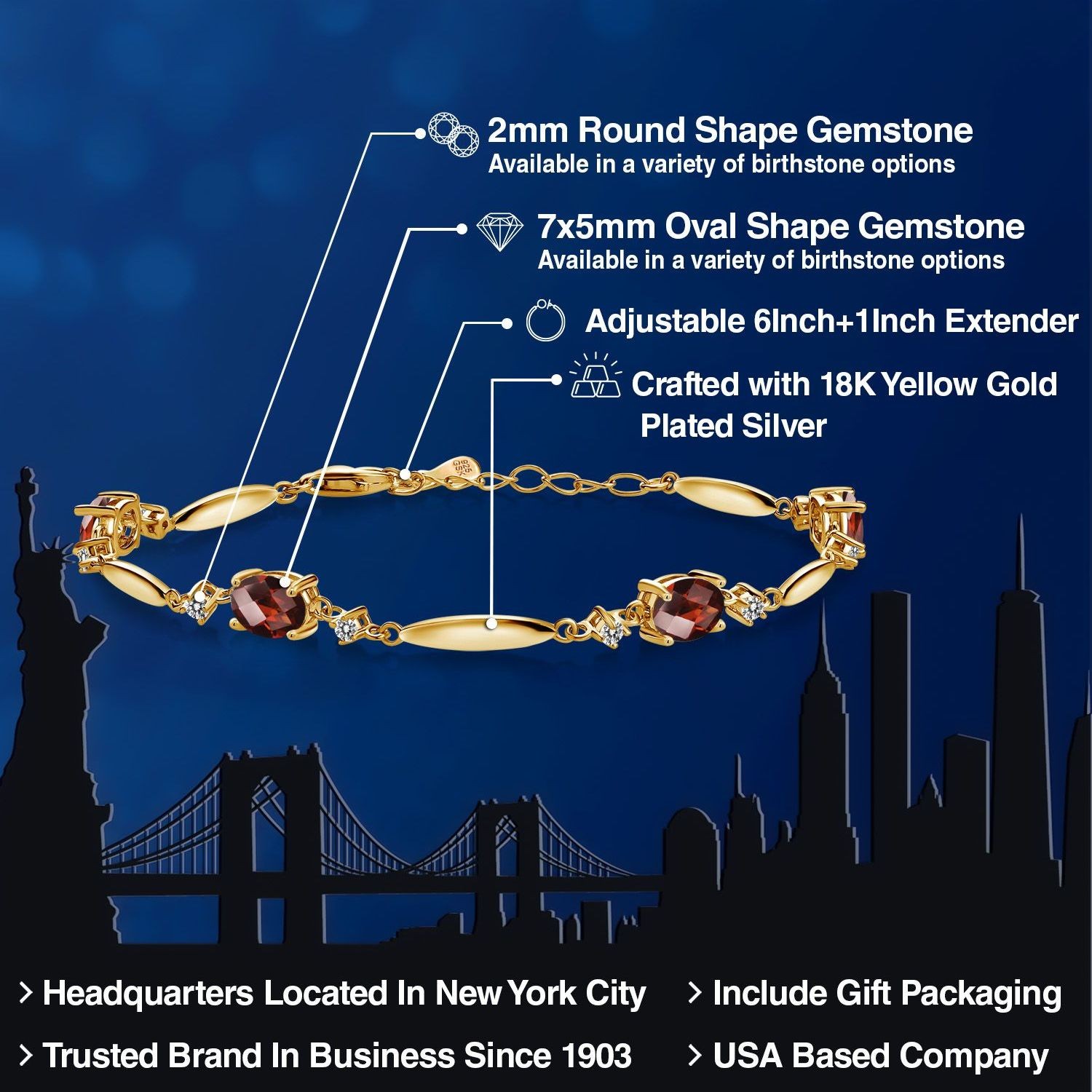 18K Yellow Gold Plated Silver Gemstone Birthstone and Diamond Tennis Bracelet