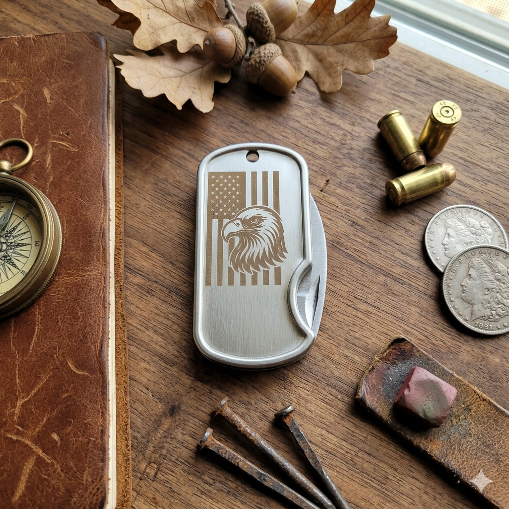 US Flag Eagle Stainless Steel Dog Tag Necklace Money Clip Folding Knife