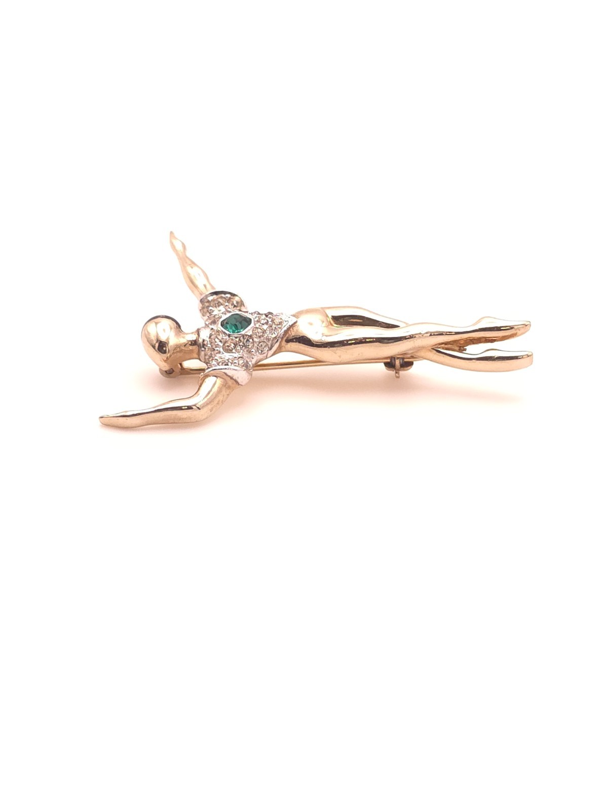 Vintage Boucher Signed Gold Tone Dance Brooch Pin Green Rhinestone