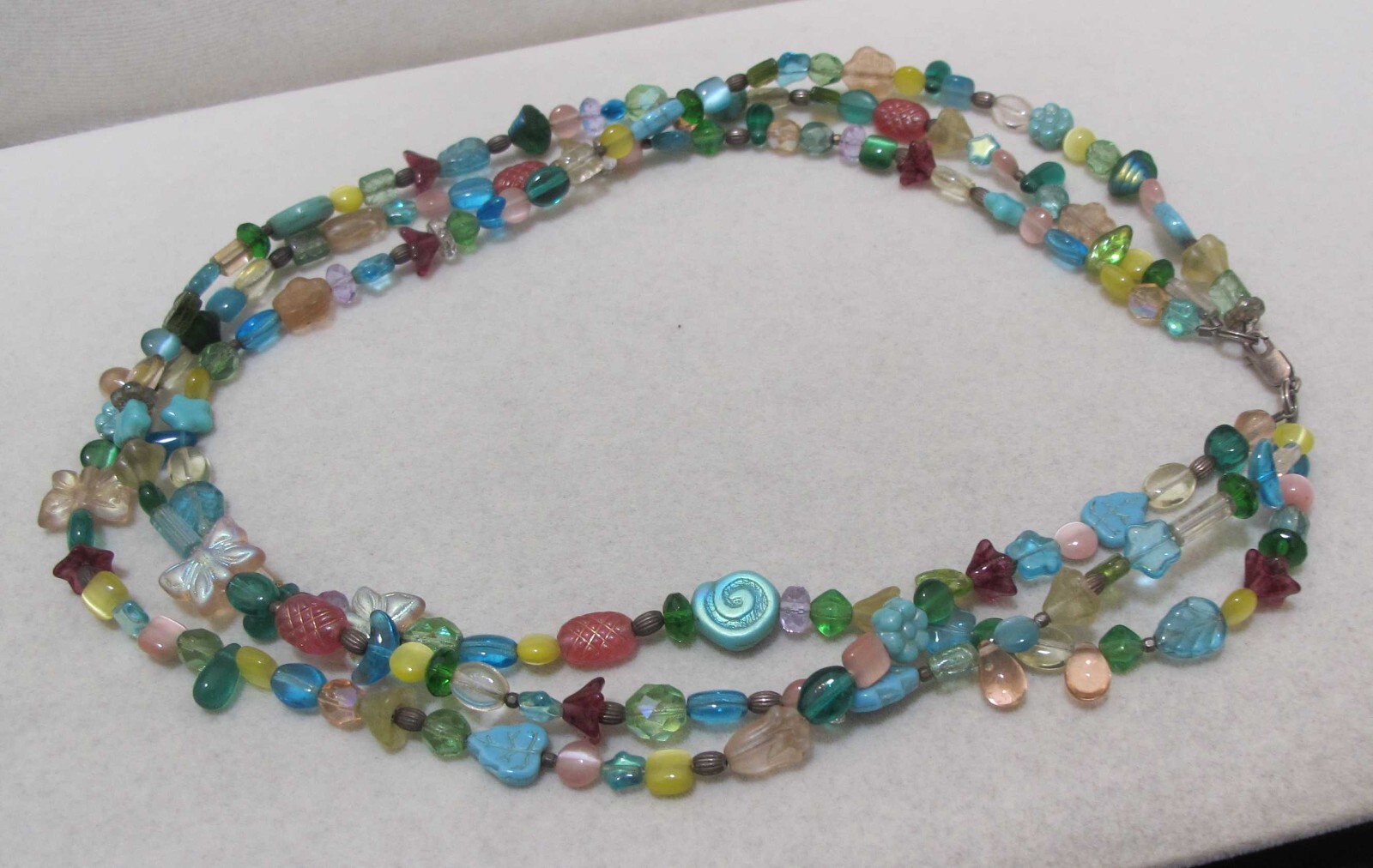 3-Strand Blue Beige Translucent & Iridescent Beads 18” Necklace 925 Clasp