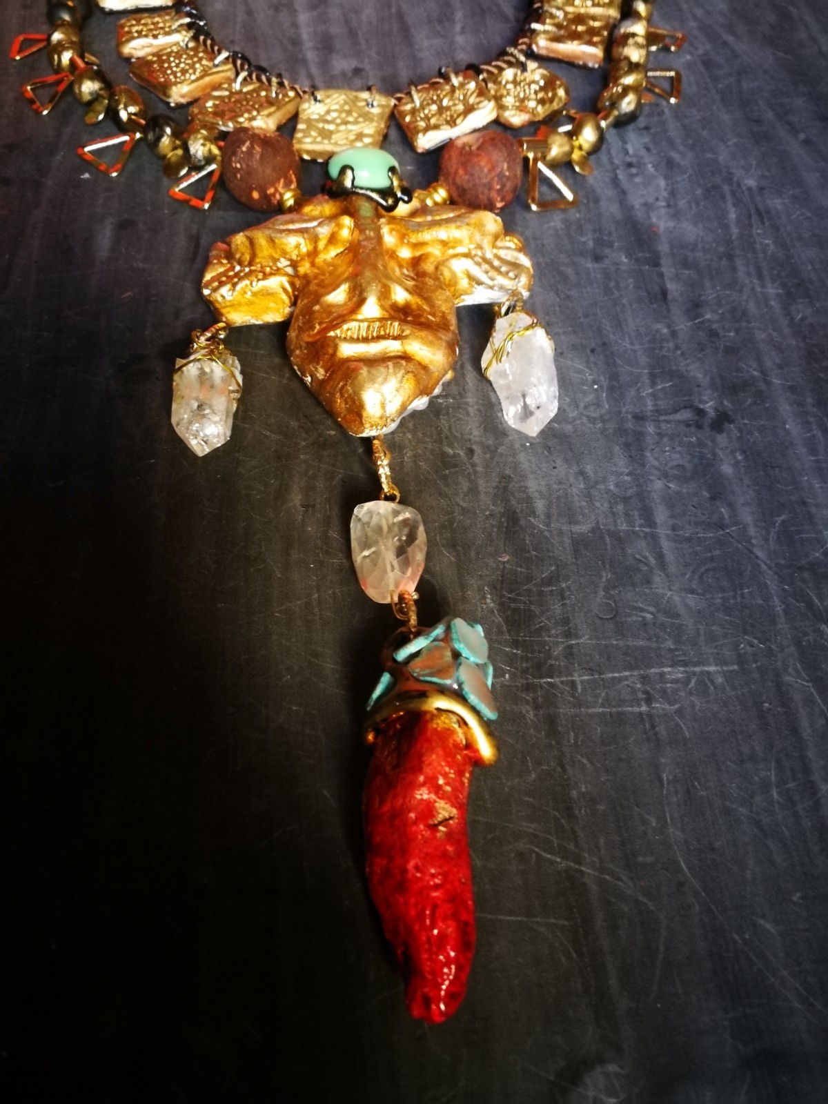 Statement Luxury Necklace Jewelry Pendant Tribal Mask Sculpture Horn & Gemstone