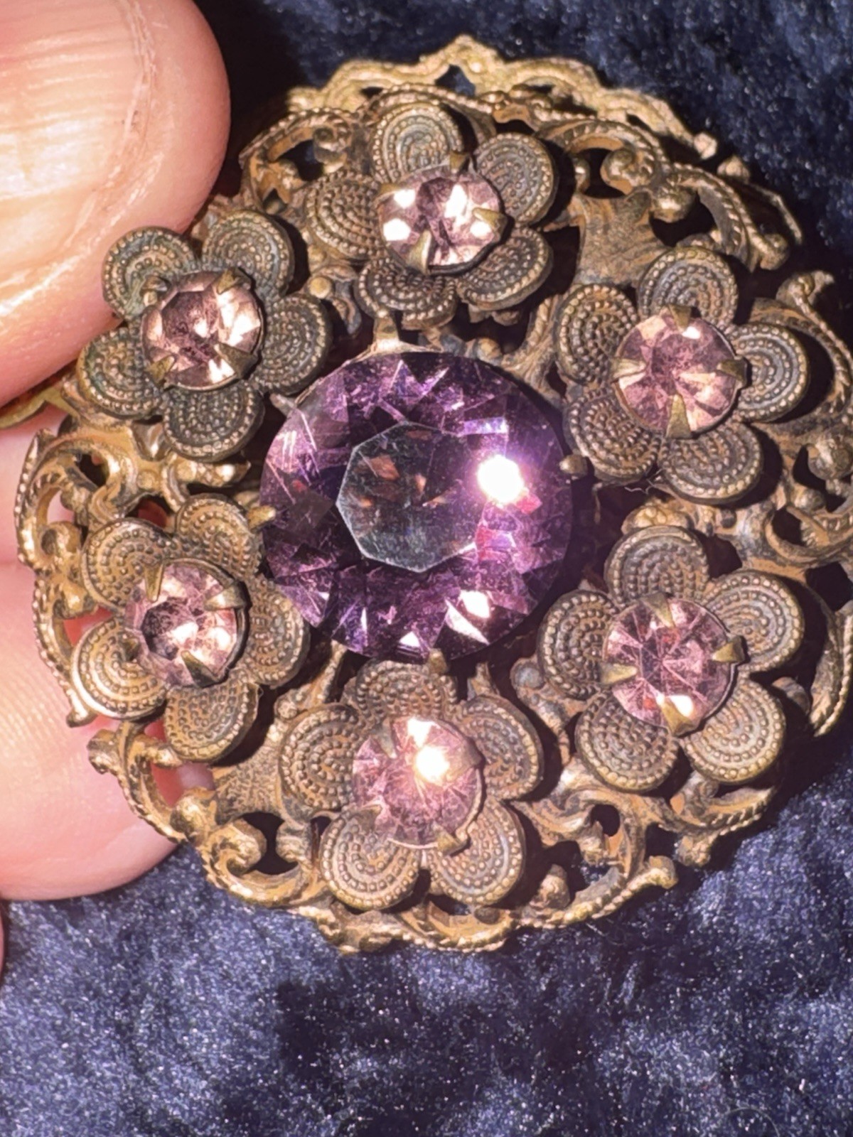 Vintage Purple and Gold Tone Clip-On Czechoslovakian Earrings 1.75 Victorian Rev