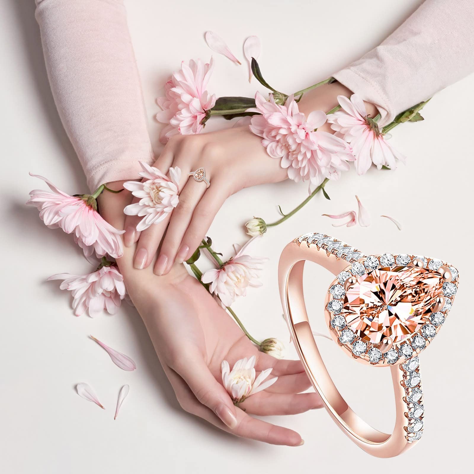 Rose Gold Teardrop-Shaped Zircon Promise Proposal Rings Lady Bride Wedding
