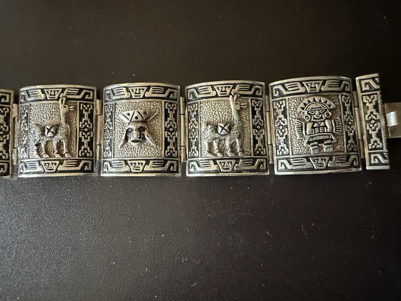 Silver Peruvian Panel Bracelet, 7 Inches Long With Engraved Designs
