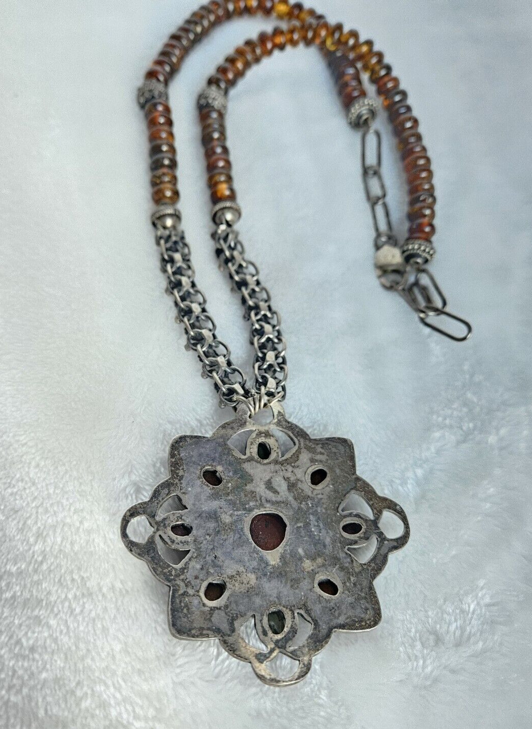 Vintage 925 Solid Sterling Silver Multicolor Amber Large Pendant Necklace