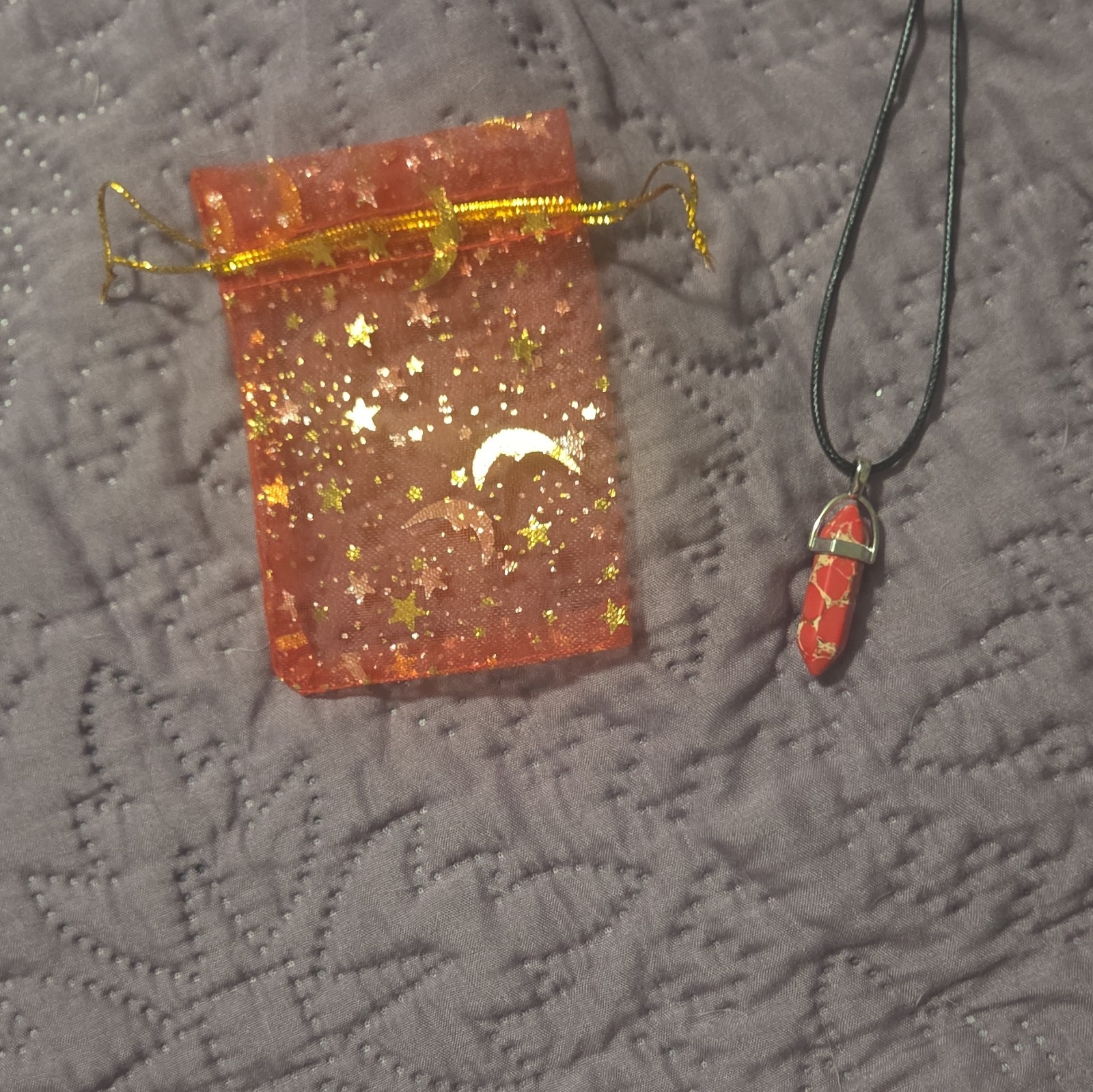 Red Teardrop Stone Pendant Charm Necklace, Black Cord Chain, Lobster Clasp