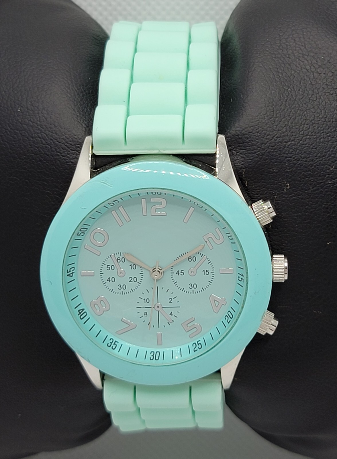 Ladies Darice Silver Tone Mint Green Poly Band Analog Watch F9