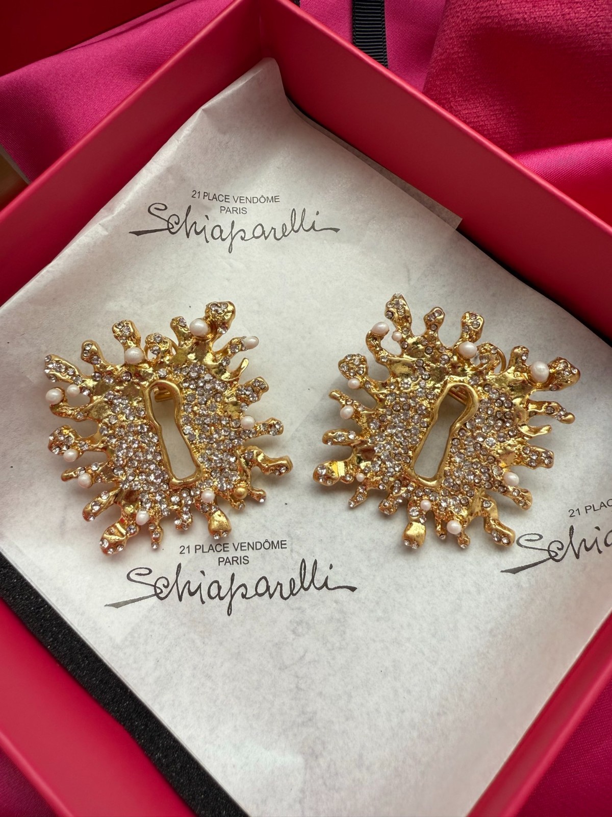 Keyhole Enamel Rhinestone Stud Earrings. With Box and Dust bag