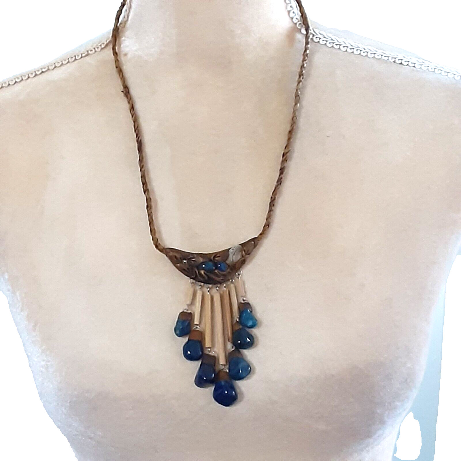 Artisan crafted ethnic wearable art necklace leather wood bone shells stones 20″