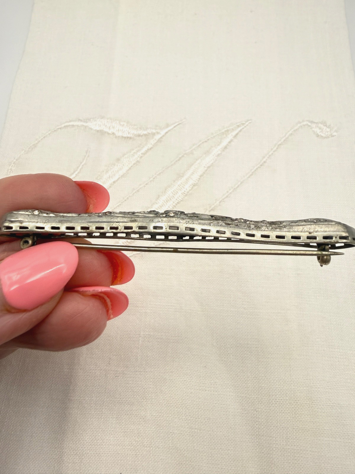 Vintage Art Deco Bar Brooch Rhinestones c.1930 White Metal European Style