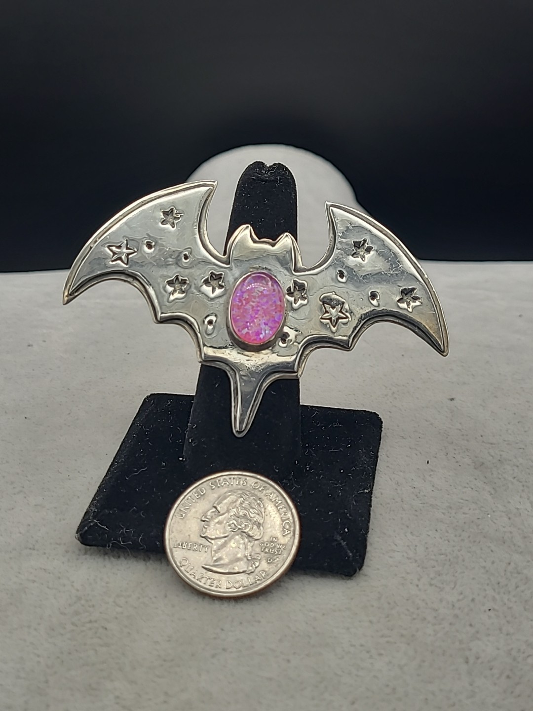 Super Cute! Sterling Silver PINK Lab Opal Bat Ring Size 7 Adjustable!
